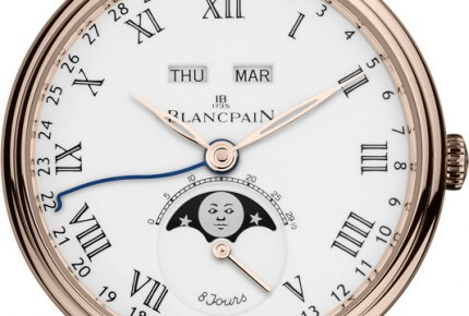 Villeret, Complete Calendar “8 Jours”, moon phases, small seconds, under-lug correctors, full fired enamel or opaline dial, self-winding © Blancpain