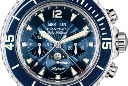Fifty Fathoms, Complete Calendar Flyback Chronograph, moon phases, under-lug correctors, blue dial, one-way rotating bezel, self-winding © Blancpain