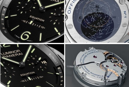 Panerai ''L'Astronomo'' - Functions: Hours, minutes, small seconds, date, month indicator, sunrise and sunset, equation of time, power reserve indicator and star disk on the back. Movement: Hand-wound mechanical, Panerai P.2005/G calibre © Officine Paner