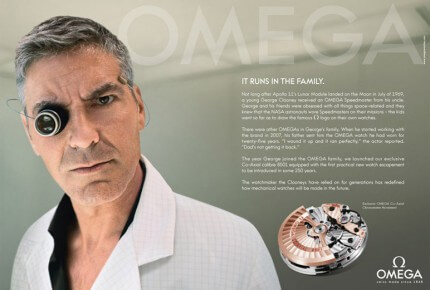 Pour célébrer le 10e anniversaire de l’échappement Co-Axial, Omega a lancé une campagne publicitaire mondiale, pour laquelle George Clooney a revêtu la blouse d’horloger et porte une loupe © Omega