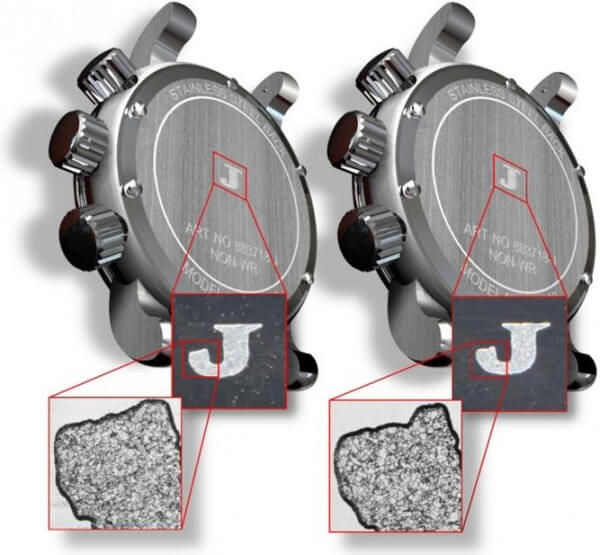Close-up of two letter Js, engraved on case backs. Although identical to the naked eye, AlpVision's FingerprintTM detection system shows that the metal has a different texture © AlpVision