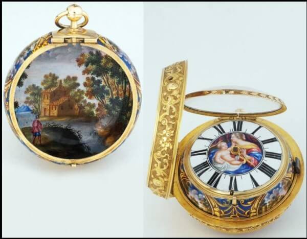 Enamelled bassine watch. Signed by the two Huaud brothers, enamel painters to the Elector of Brandenburg, circa 1695 © photo : Pascal Brunet