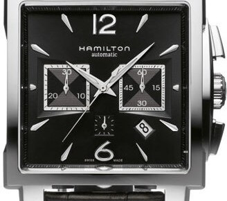The steel Hamilton Jazzmaster is a study in squares, with chronograph subdials and date window mimicking the shape and creating a tailored, architectural look. The perfect match for pinstripes and cigars