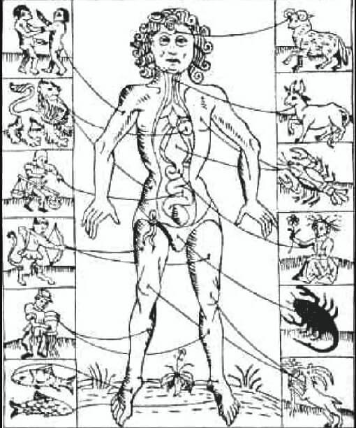 From a woodcut in a 1702 almanac. The “Zodiac Man”, whose body was divided by astrologers into 12 parts corresponding to the 12 sectors of the zodiac