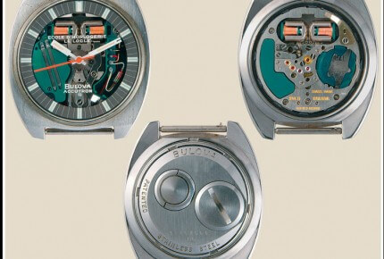 Ecole d'horlogerie du Locle. Montre-bracelet en acier, vers 1960-1980, calibre Bulova Accutron n° 214, régulateur à diapason, mouvement électronique © DR, coll. Privée