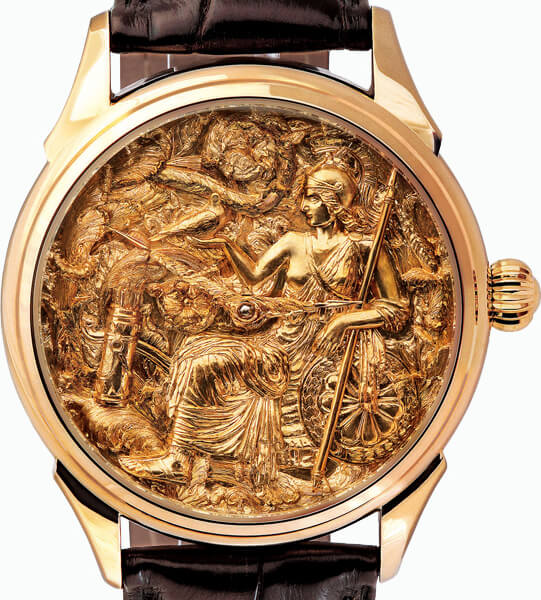 Beijing Watch Factory “Athena” Deep Repousse/Embossed gold dial work “Greek Peace of Athena”, movement 18kt gold Cal. SB18, 38mm 18kt gold case © Beijing Watch Factory