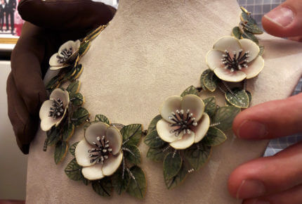 Gold necklace of Grand Feu enamel flowers sprinkled with diamonds