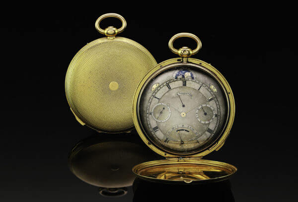 Astronomical pocket watch N° 4691 by Breguet, circa 1830. This half-quarter repeater features an exceptional number of complications for the day, including an equation of time, a power-reserve indication, day, date, month and moon phases.
