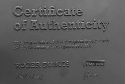 Le certificat d’authenticité portant sur le bracelet de la Roger Dubuis Excalibur Spider Pirelli Edition Limitée