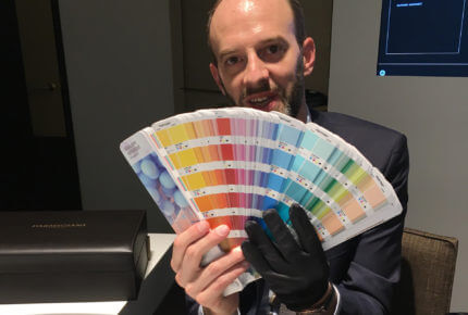 Parmigiani Fleurier product manager Mathieu Morard demonstrates the color options for the Bugatti Type 390