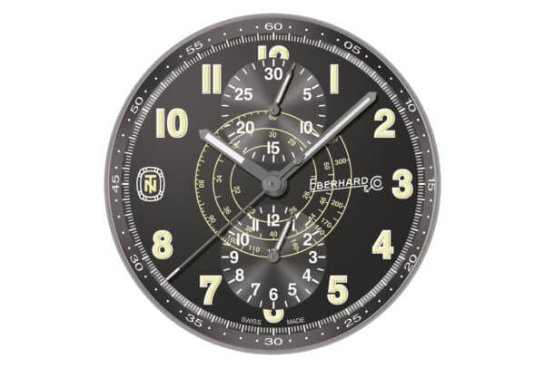 Détail du cadran du chronographe automatique Tazio Nuvolari Legend, étanche à 30 mètres, doté d’un compteur 30 minutes, d’un compteur 12 heures et d’une échelle tachymétrique centrale en spirale.