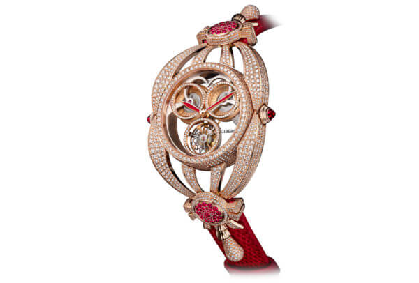 La montre joaillère Niura de Giberg Haute Horlogerie affiche un tourbillon volant commandé par un double barillet serti de 2'156 diamants et de 76 rubis.