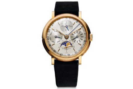 Première montre-bracelet à quantième perpétuel avec indication des années bissextiles en or jaune 18 carats, Ø 36,5 mm, calibre 13VZSSQP. Montre fabriquée en 1957 et vendue en 1966