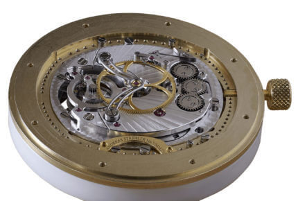 The movement in Andreas Strehler's Sauterelle Tourbillon. The remontoir d’égalité is on the reverse side, on the same axis as the tourbillon and directly connected to the jumping seconds at 6 o'clock.