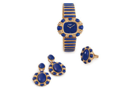 Patek Philippe ladies' gold, lapis lazuli and diamond watch, ring and earring suite, from the Christie's June 13 sale of Exceptional Watches in New York.