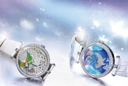 Left: The Fortuna Faerie is one of three Van Cleef & Arpels pieces from the Artistic Timepieces from a California Collection of nine watches sold by Sotheby’s on May 24. Right: this Van Cleef & Arpels watch, from the Jules Verne-inspired Les Voyages Extraordinaires Polar Landscape collection, sold for $37,500.