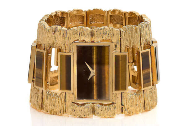 Piaget 18k yellow gold manual winding bangle watch, tiger's eye dial