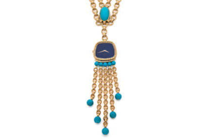 Piaget 18k yellow gold and turquoise set necklace and its pendant watch with lapis lazuli dial