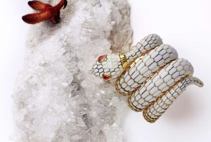 Bulgari 18k yellow gold, white enamel and rubies set Serpenti wristwatch