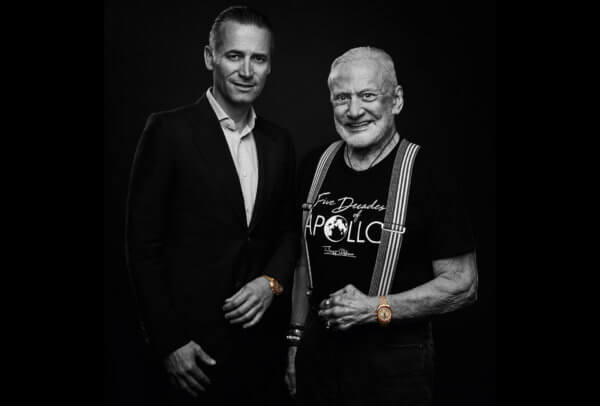Buzz Aldrin with President and CEO of OMEGA Raynald Aeschlimann
