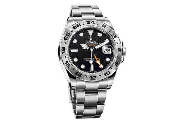 Rolex Oyster Perpetual Explorer II in Oystersteel with a 24-hour bezel function, second time zone and stop seconds.
