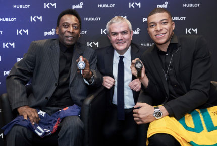Ricardo Guadalupe, Hublot CEO, with King Pelé, brand ambassador since 2013, and new ambassador, Kylian Mbappé.