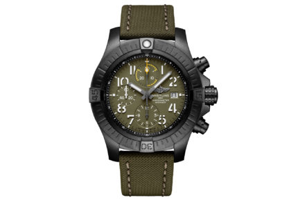 The Breitling Avenger Chronograph 45 mm Night Mission with DLC-coated titanium case and khaki green military strap.