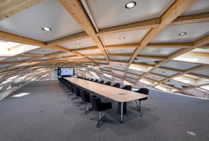 The building, whose impressive structure is made from 4,600 timber beams, narrows the higher you go. The very top is for a meeting room.