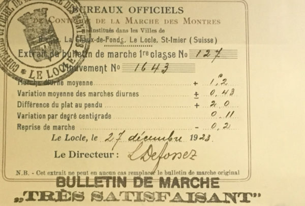 Ratings certificate issued in 1923 by the Bureau Officiel du Contrôle de la Marche des Montres in Le Locle, forerunner to the COSC.