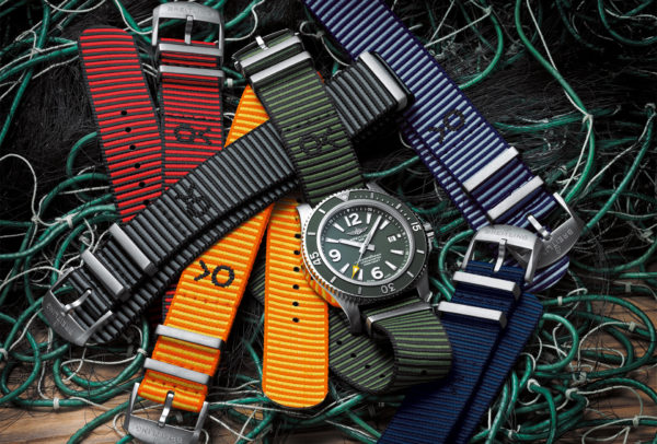 The Breitling Superocean Outerknown strap collection in Econyl yarn, made from recycled nylon fishing nets.
