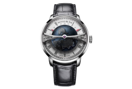 Arnold & Son Globetrotter Night – This watch is a world timer with a half-globe sculpted and lacquered to depict continents, oceans and the lights of cities at night in the northern hemisphere.