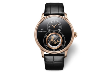 Jaquet Droz Dual Time Grande Seconde – With black grand feu enamel dial and a red gold case, the watch offers local time and a second time zone on a 24-hour scale.