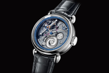 Kari Voutilainen 28Ti - The watch shows a large balance wheel and long bridge crossing the dual escapement wheels, which ensure greater precision than the standard lever escapement.