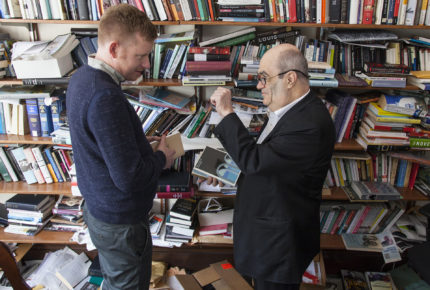 Colm Toibin, mentor in literature, with his protégé Colin Barrett in Toibin's office at Columbia University