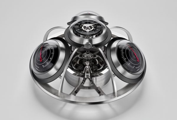 MB&F/L’Épée The Fifth Element. This horological weather station comprises a clock, a barometer, a hygrometer and a thermometer. In its centre, Ross the alien steers the mothership through the galaxy.